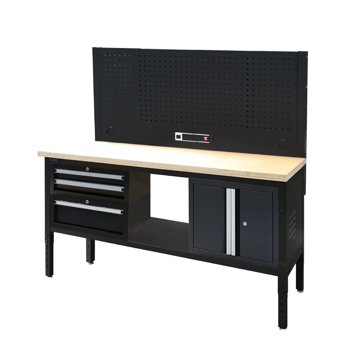 SGS 72in Modular Workstation - Wood Worktop | Pegboard | Power Strip | 3x Drawers & Cupboard